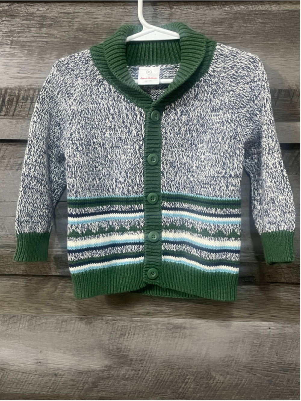 Cozy Hanna Andersson Green & Gray Striped Shawl Collar Knit Cardigan 18-24 Month